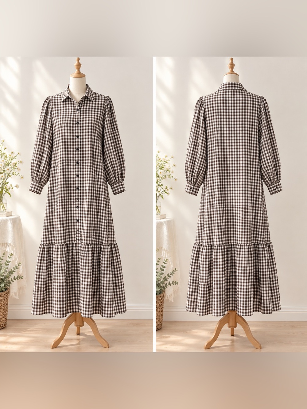 Gingham Tiered Maxi Shirt Dress
